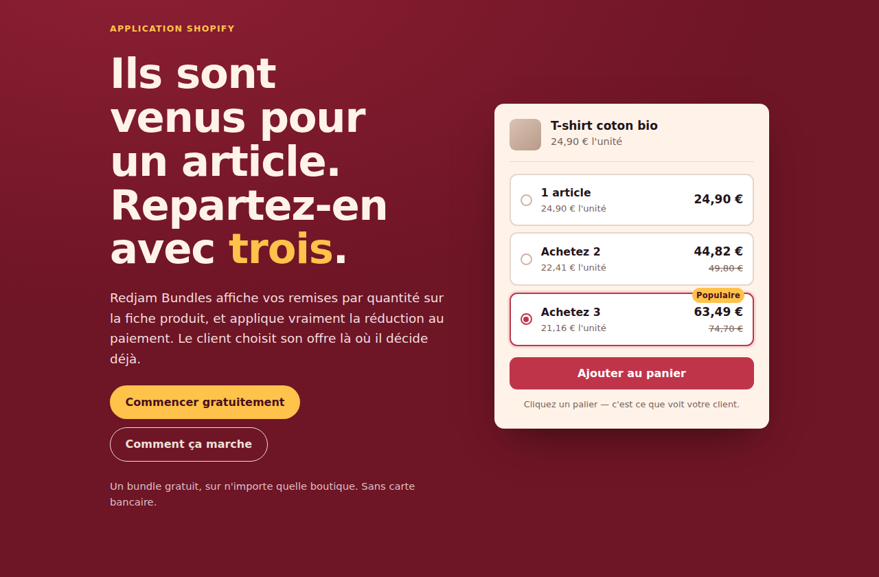Page d'accueil de Redjam Bundles avec un aperçu du sélecteur d'offre