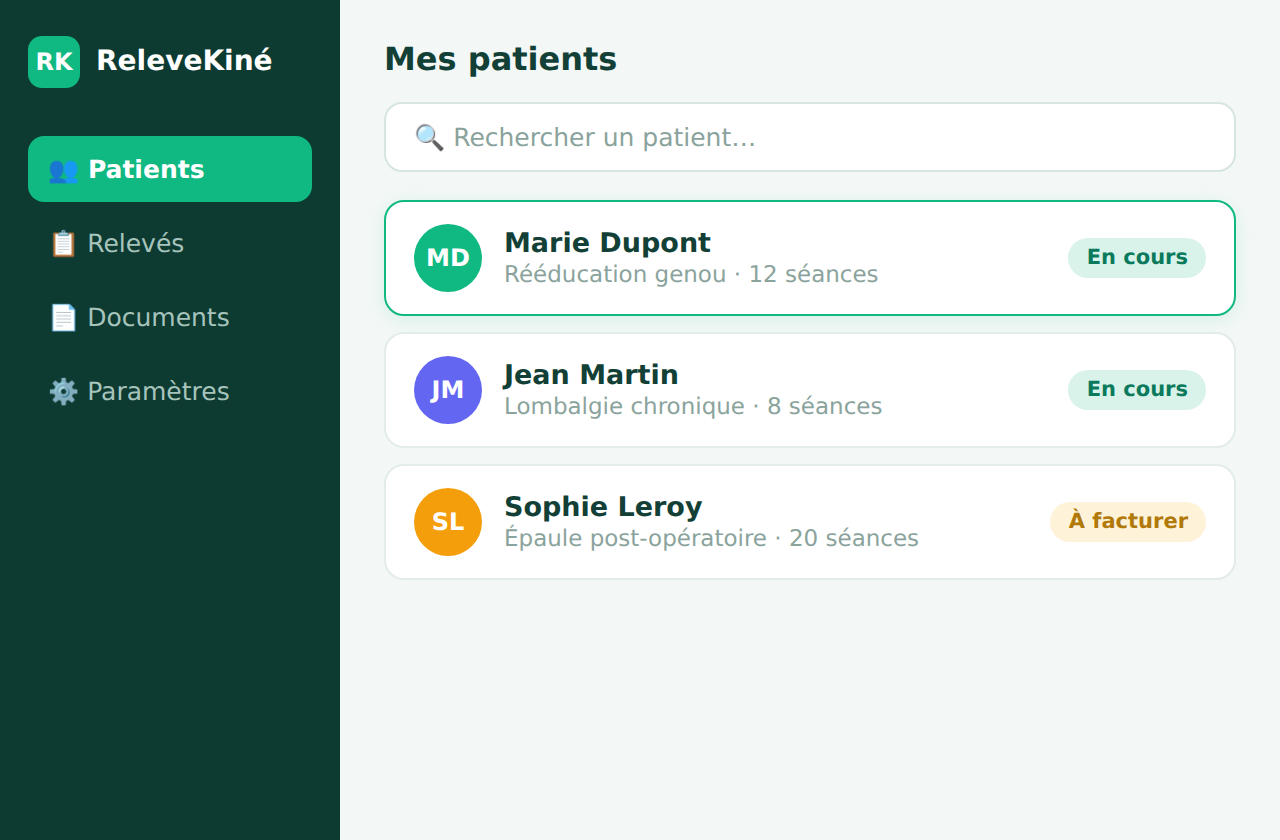 Liste des patients avec suivi des séances