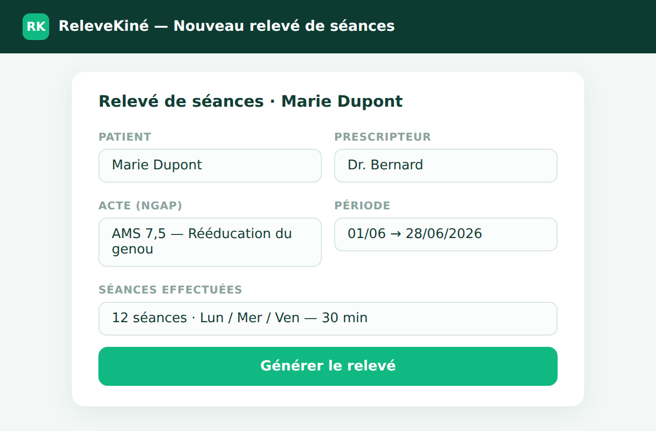 Formulaire de création d'un relevé de séances