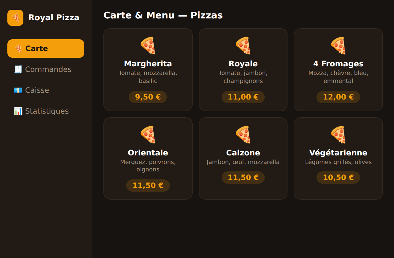 Carte et menu des pizzas avec prix