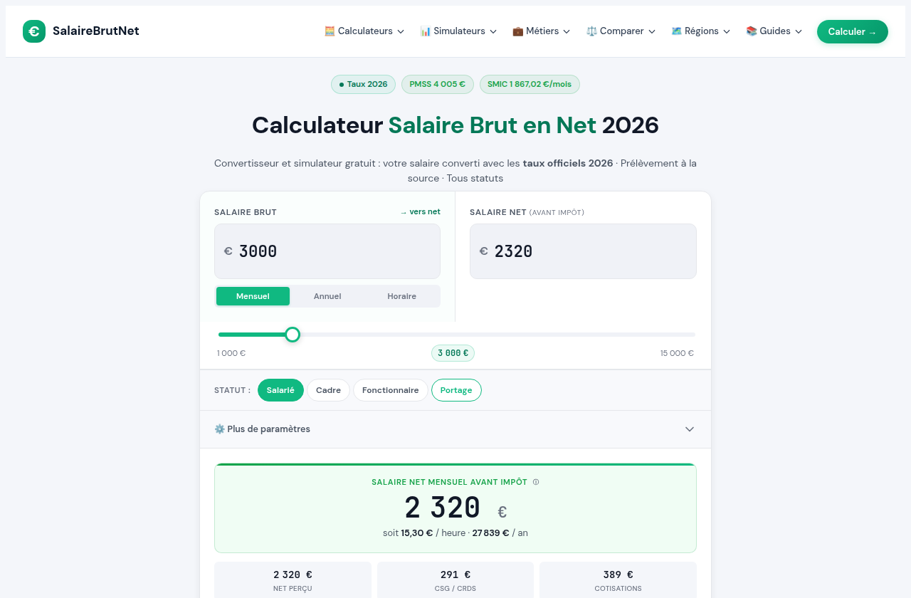 Simulateur de conversion salaire brut en net